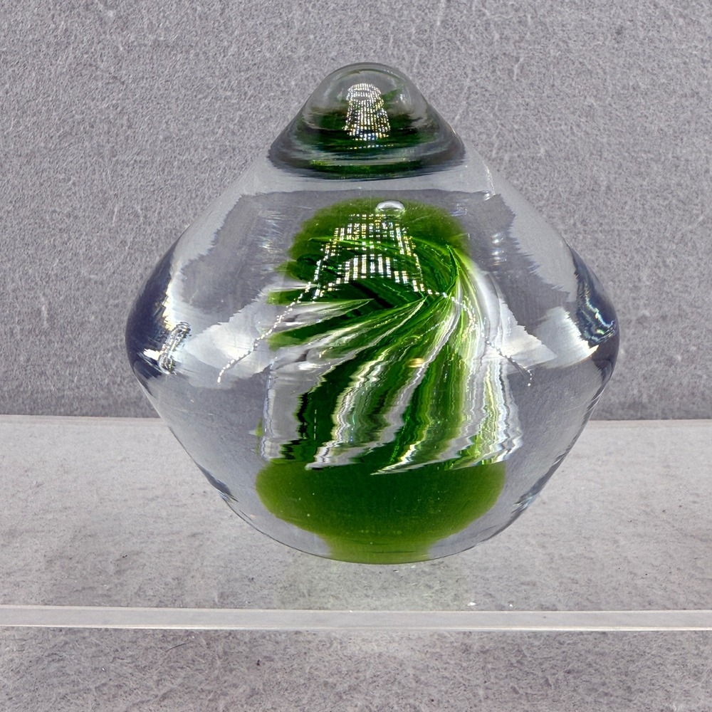 Blenko 68A Chartreuse Green Air Twist‎ Art Glass Paperweight Conical MCM
